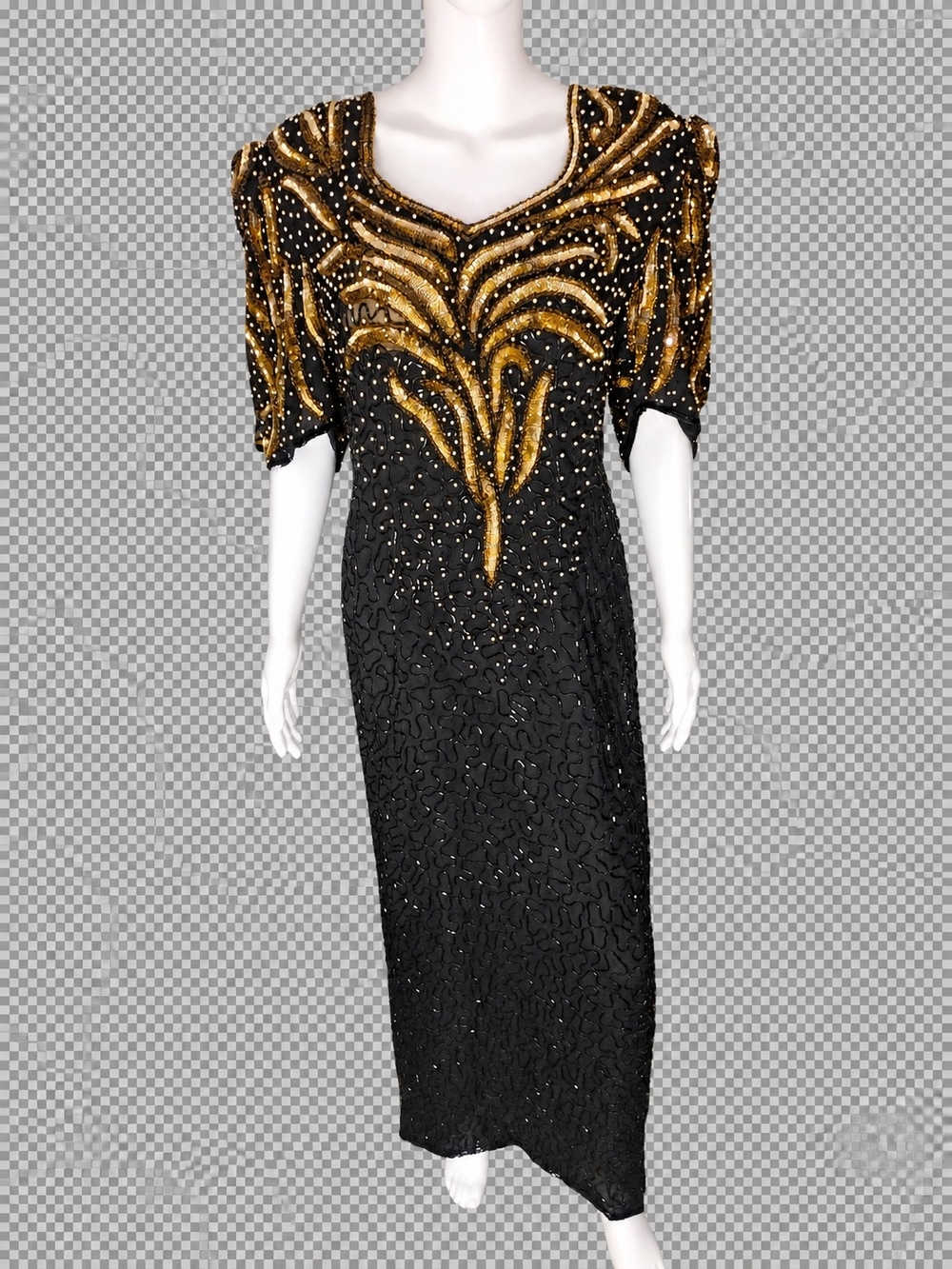 Vintage Mark & John by Sam Size Large Black & Gold Beaded Silk Evening Gown 🔥🔥